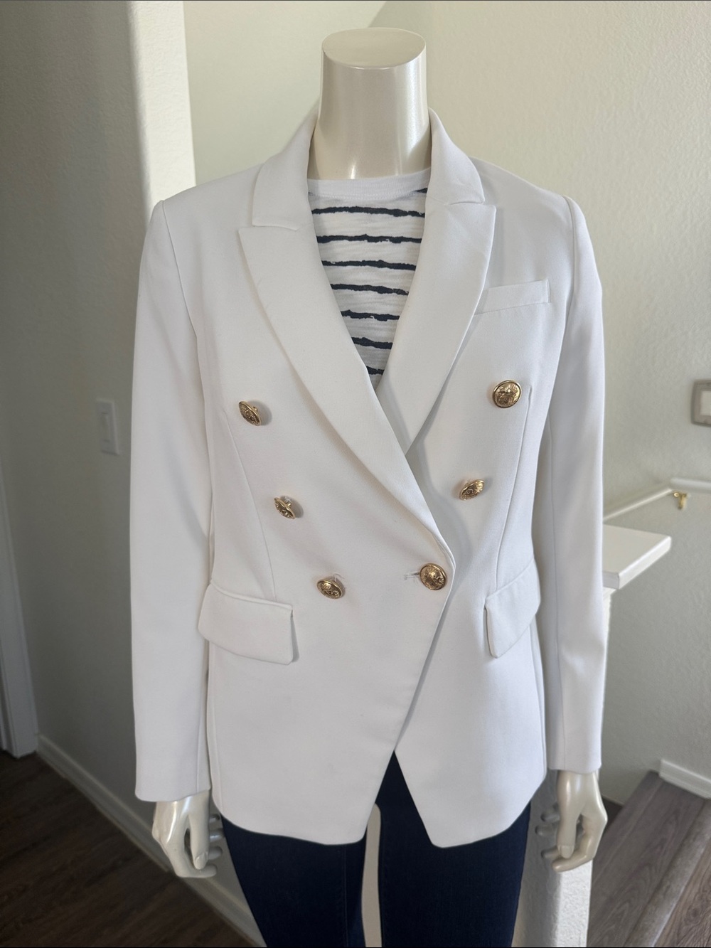 Express White Double-Breasted Blazer with Gold Buttons